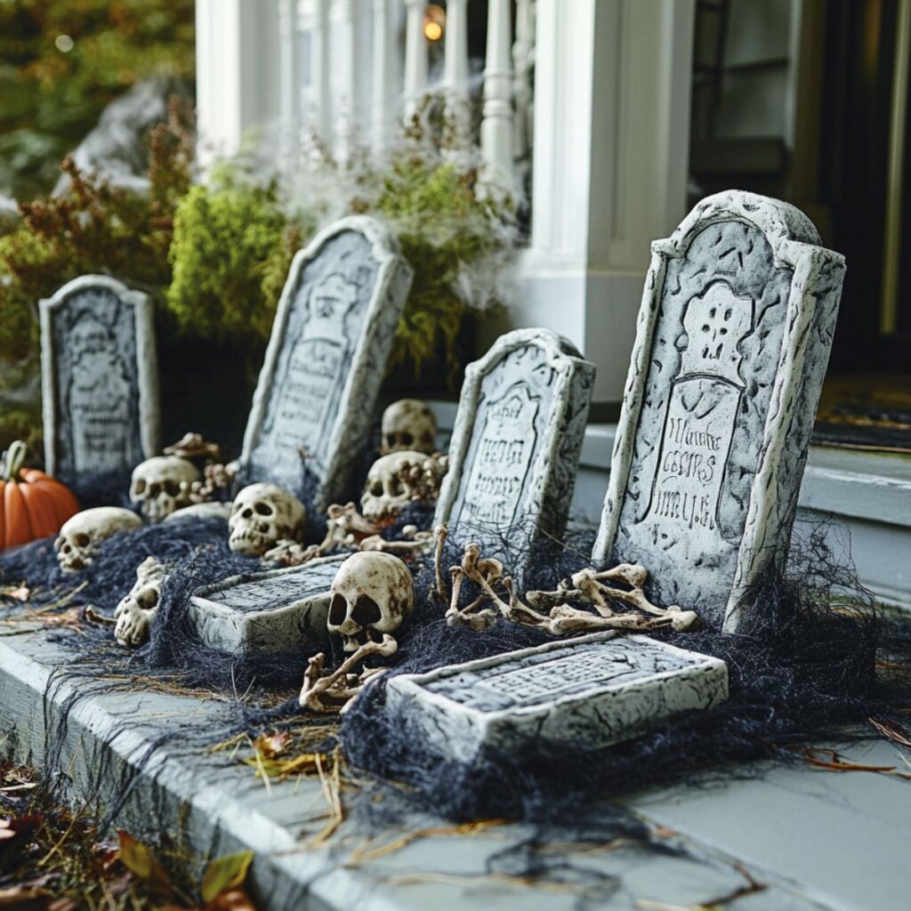 Fake tombstones in front of door decorated for halloween.