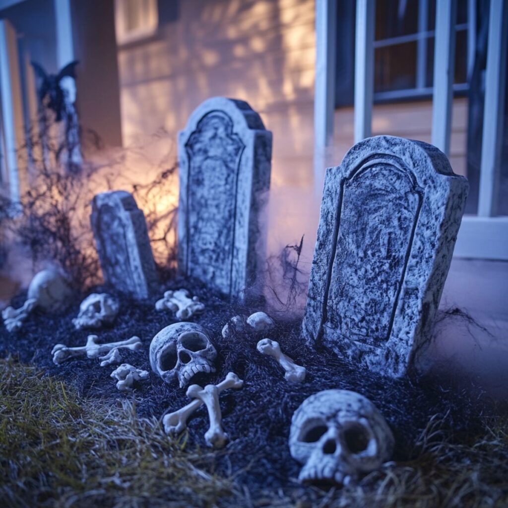 Fake tombstones and skulls in front yard for halloween.