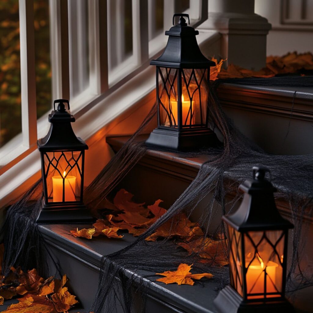 Black lanterns on front porch stairs. 