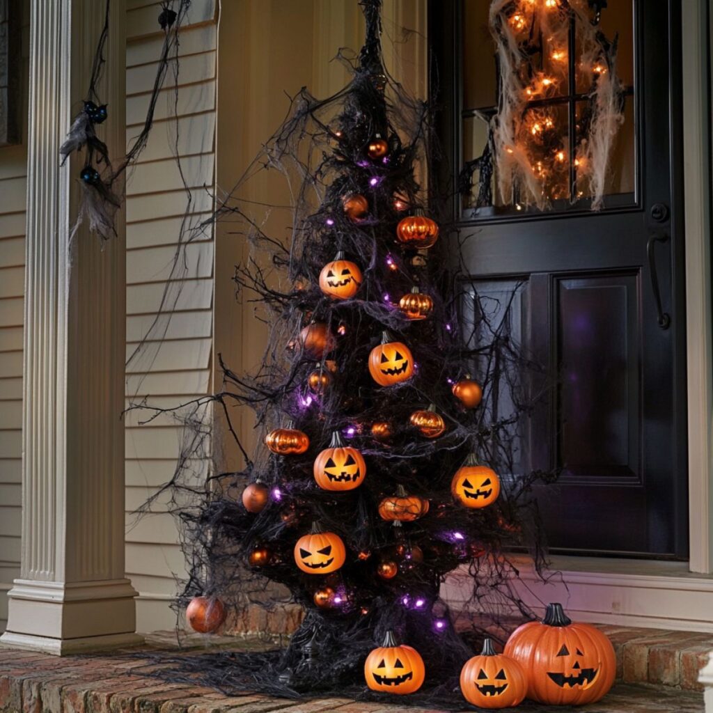 A tree decorated for halloween on a front porch. 