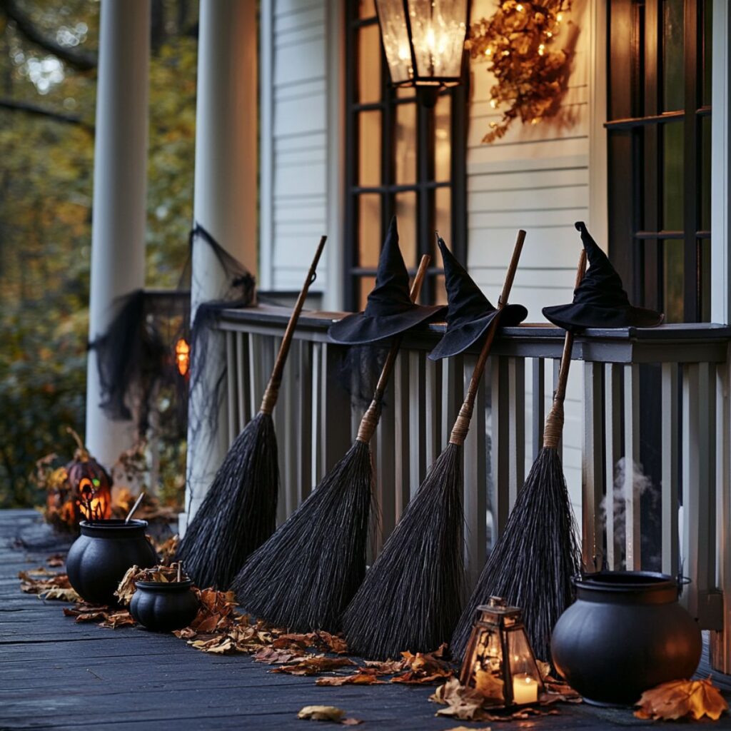 Front porch with brooms leaned up against a porch.