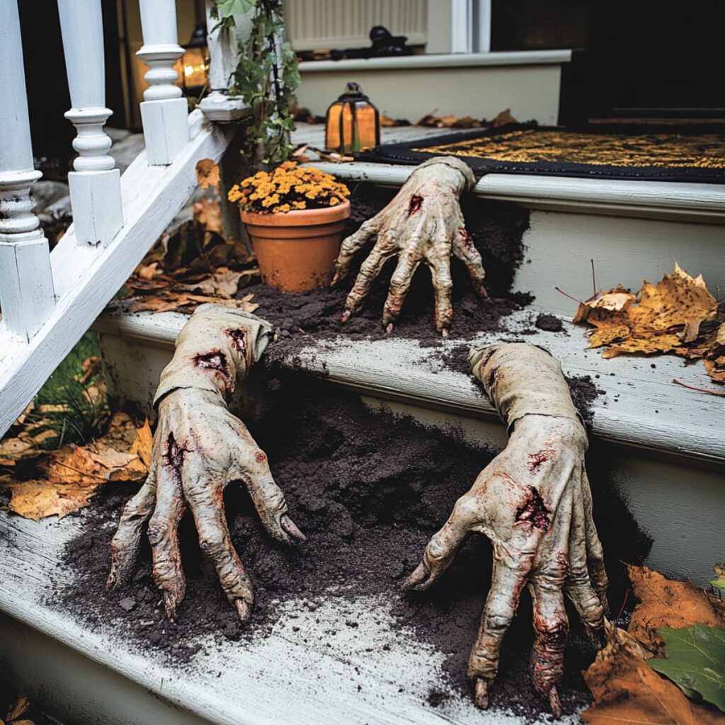 Fake zombie hands on front porch stairs. 