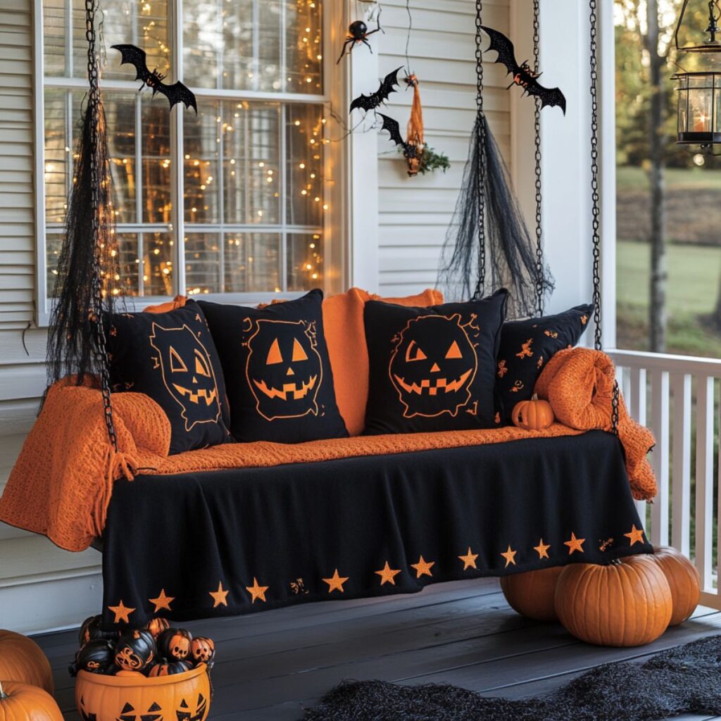 Front porch swing decorated with jack o lantern pillows. 