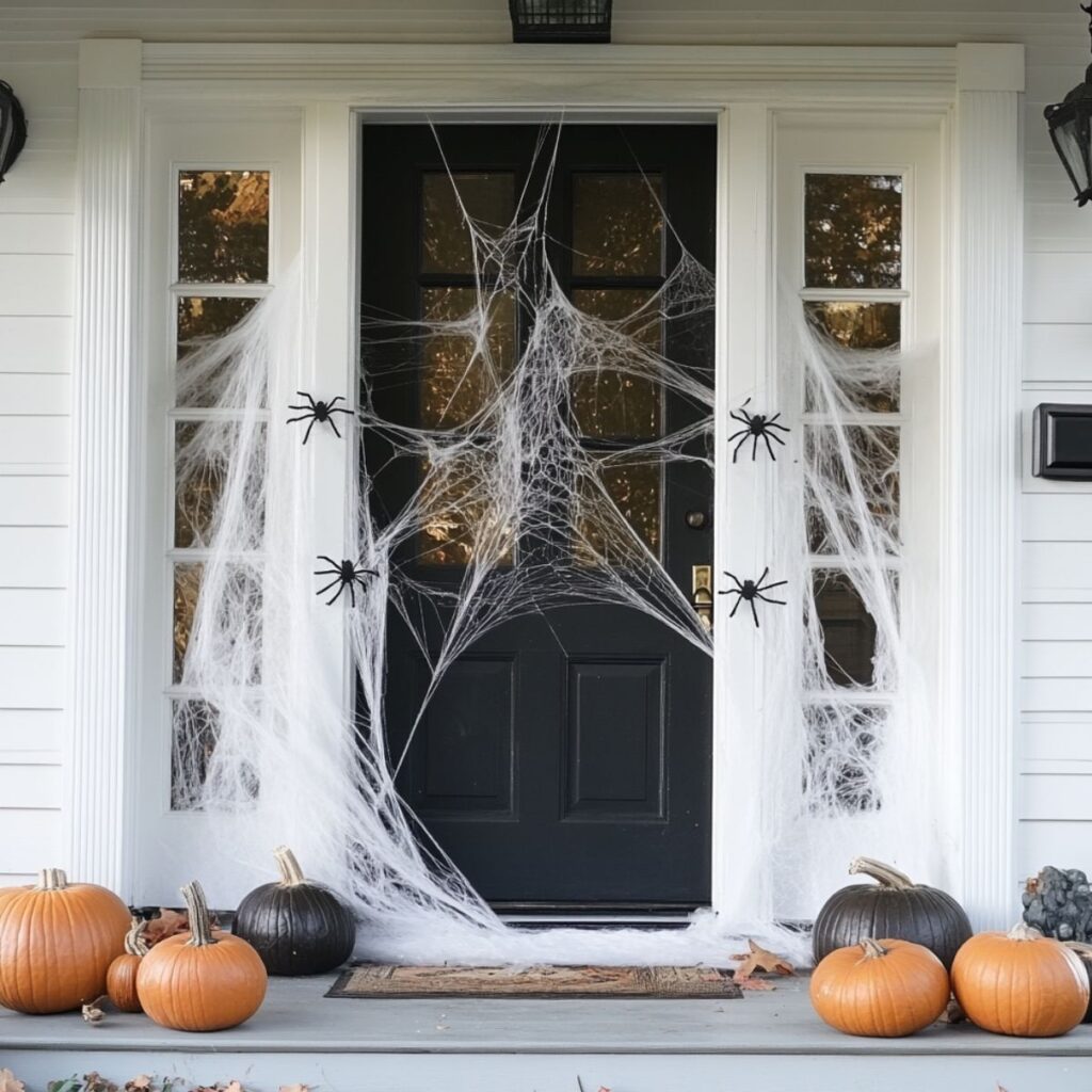 Front door decorated for halloween with spider webs and spiders.