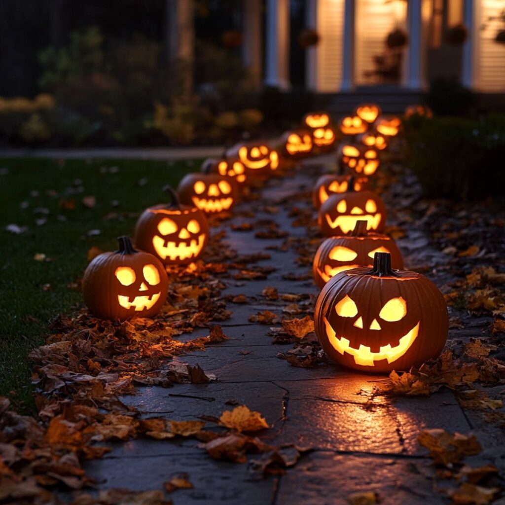 Lighted pumpkins lining a pathway.