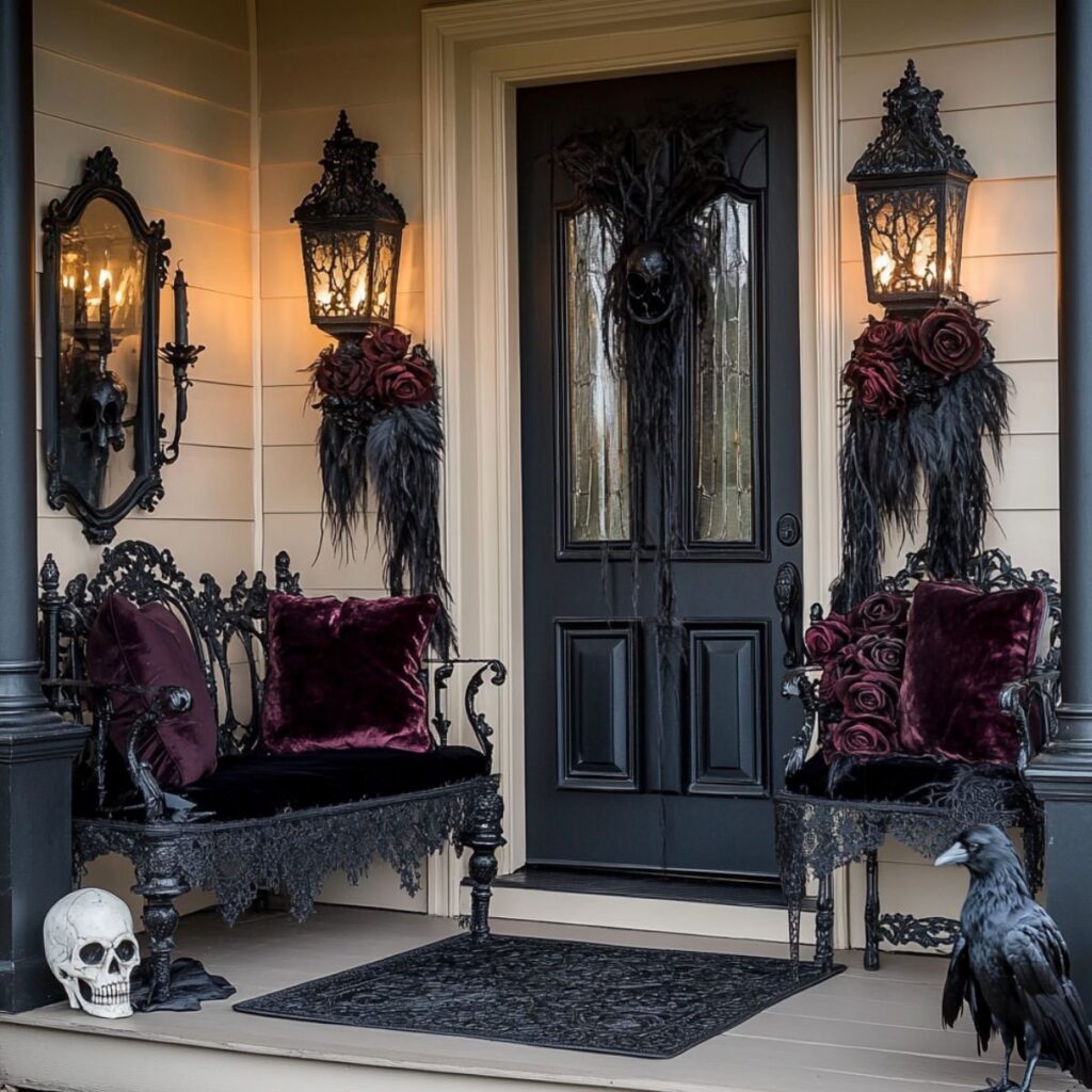 Front porch decorated for halloween with a skull, black feathers, and chairs. 