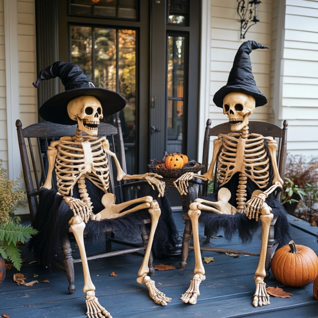 Front porch with skeletons sitting in rocking chairs. 