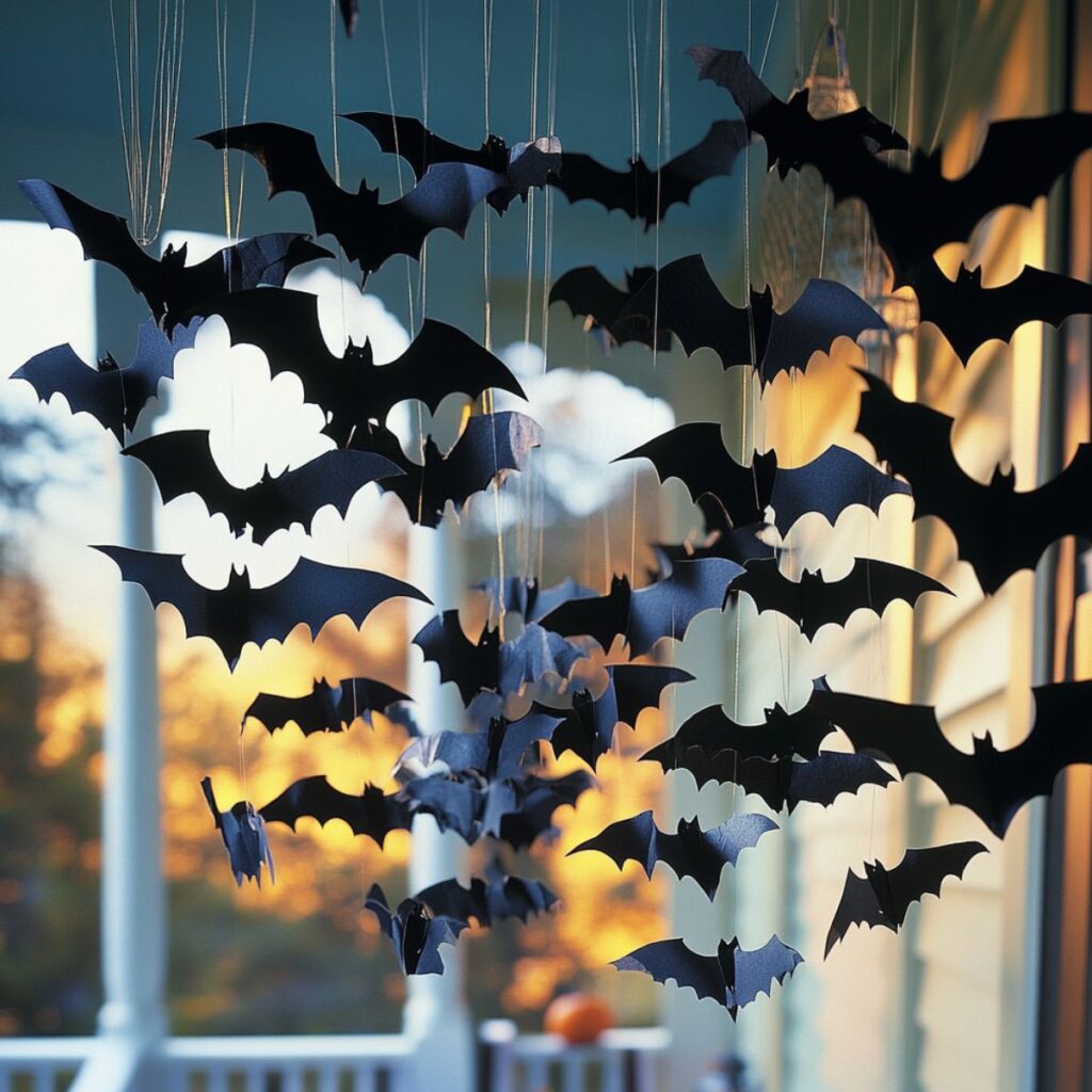 Paper bats hanging on front porch.