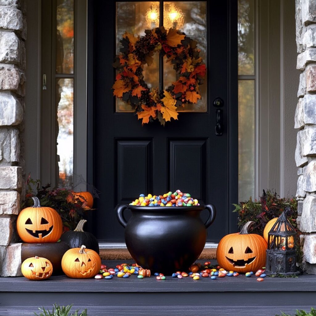 Front porch with a black bowl of cauldron and jack o lanterns. 