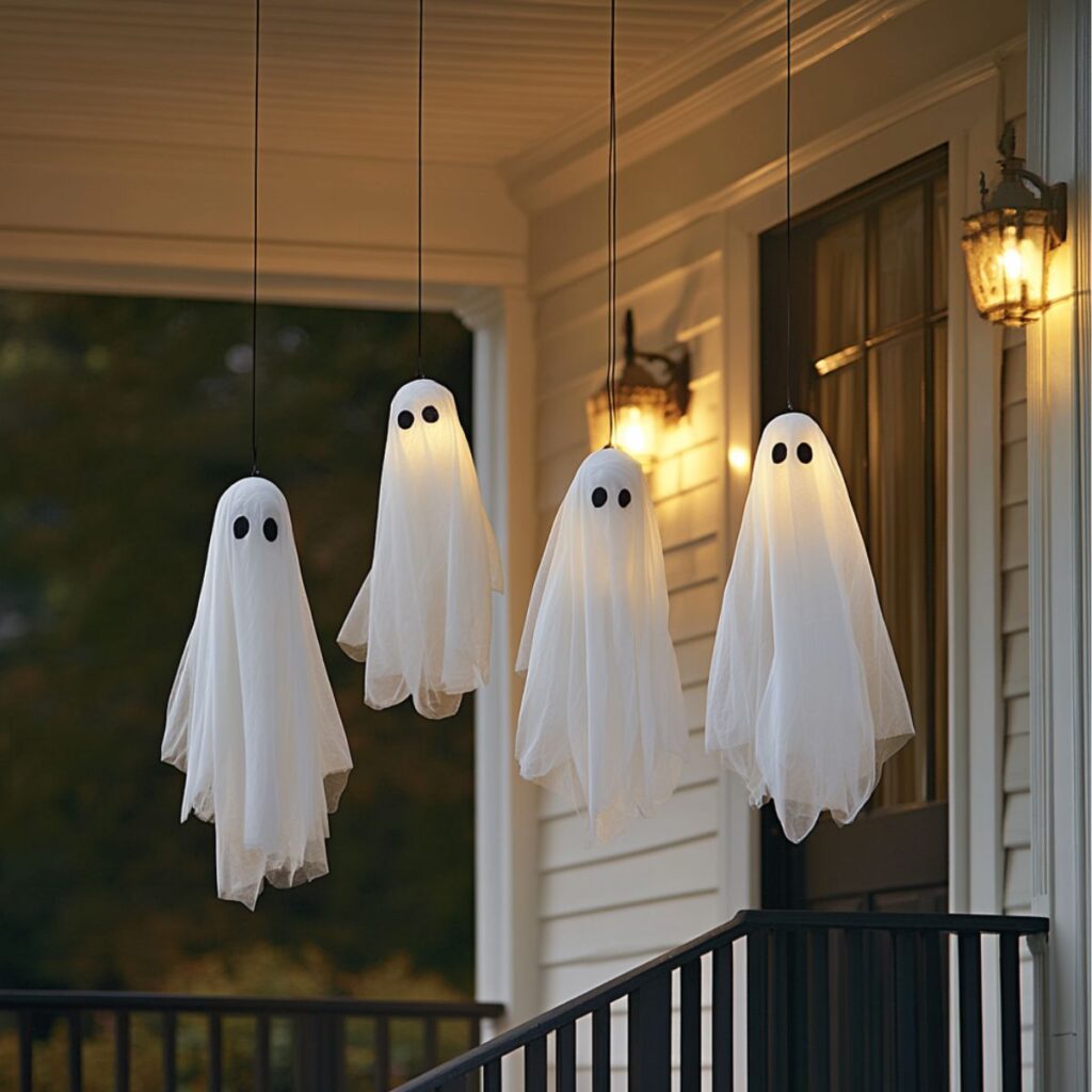 Hanging ghosts from front porch.