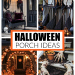 A group of front porches decorated for Halloween.
