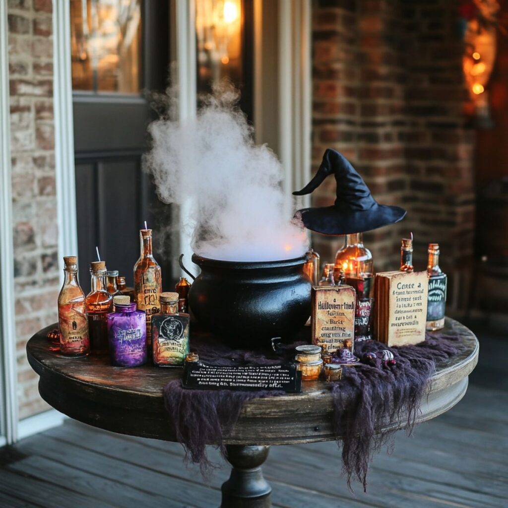 Front porch with a small table and a witches cauldron. 