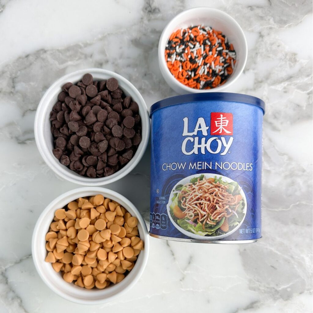 Bowl of chocolate chips, butterscotch chips, and chow mein noodles. 