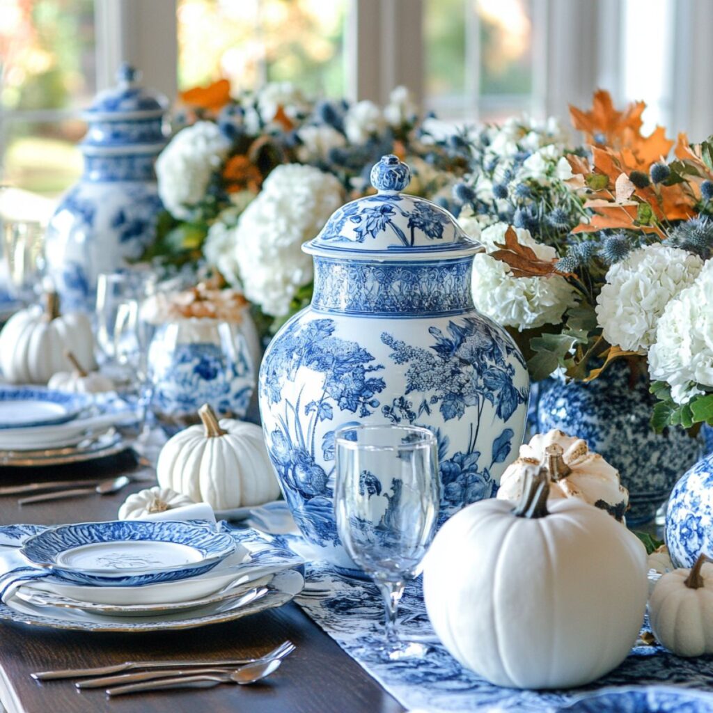 Thanksgiving table set with blue and white plates and spice jars. 