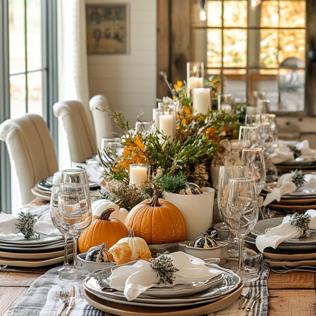 Light and bright dining room with thanksgiving table. 