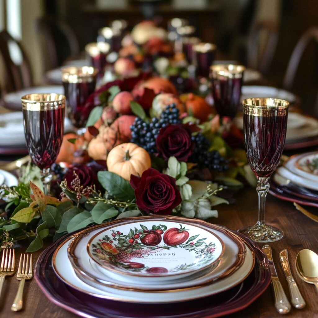 Thanksgiving table set with plates and a fruit centerpiece.