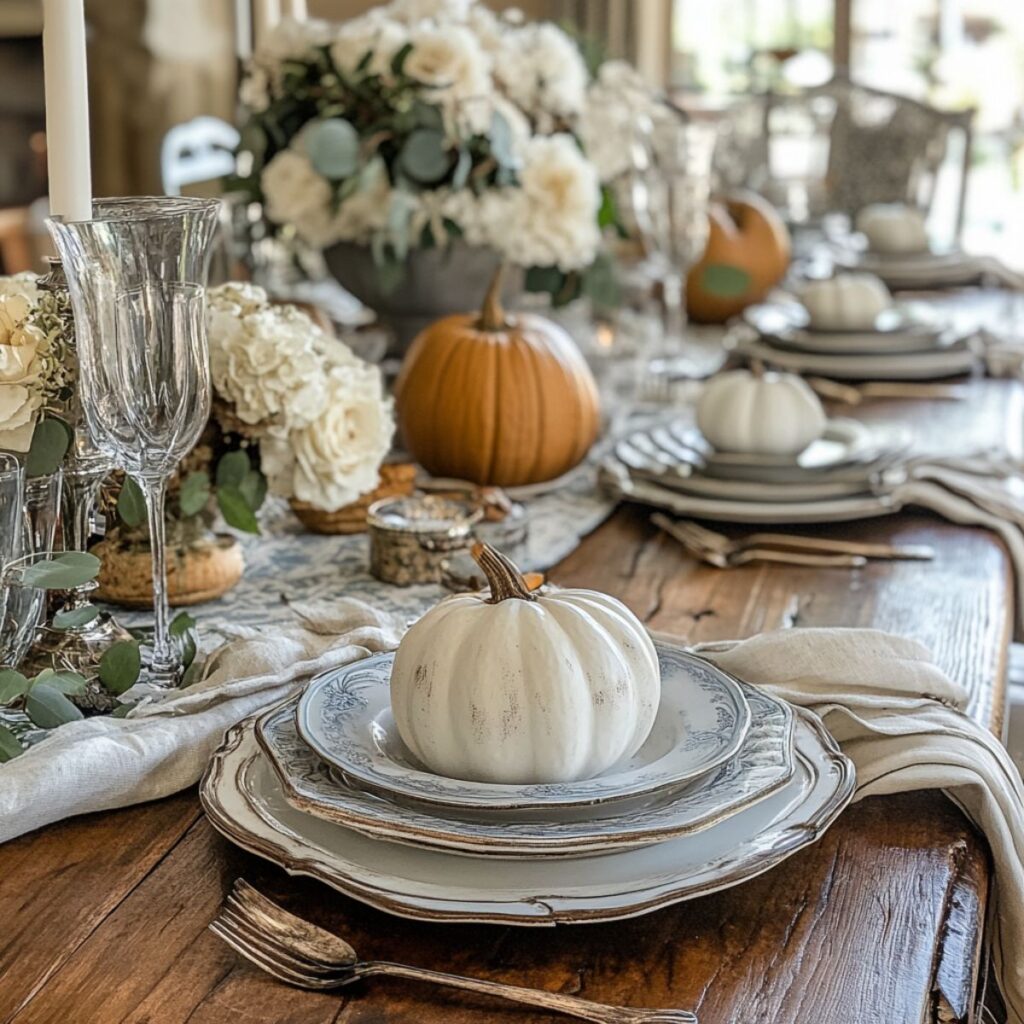 Table set with white and blue plates topped with a white pumpkin. 