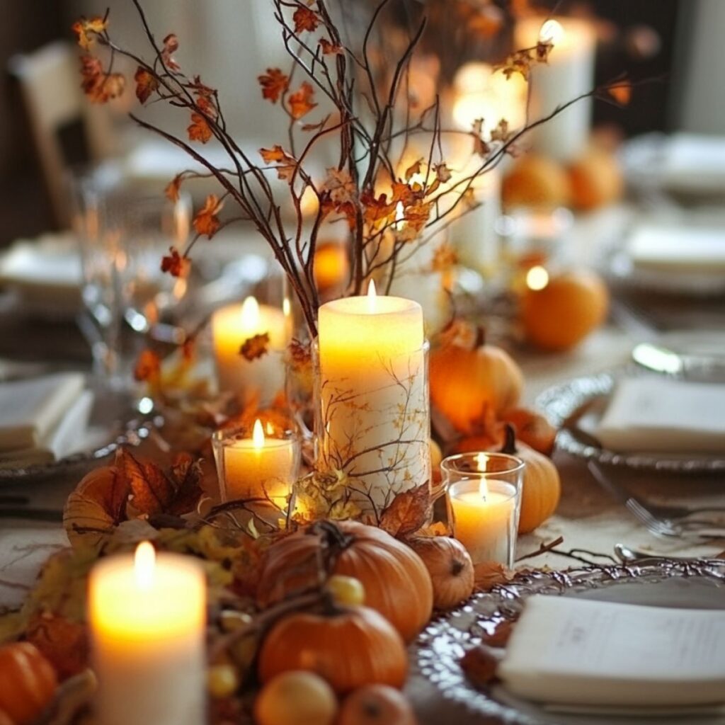 Table set with candles, leaves, candles, and branches. 