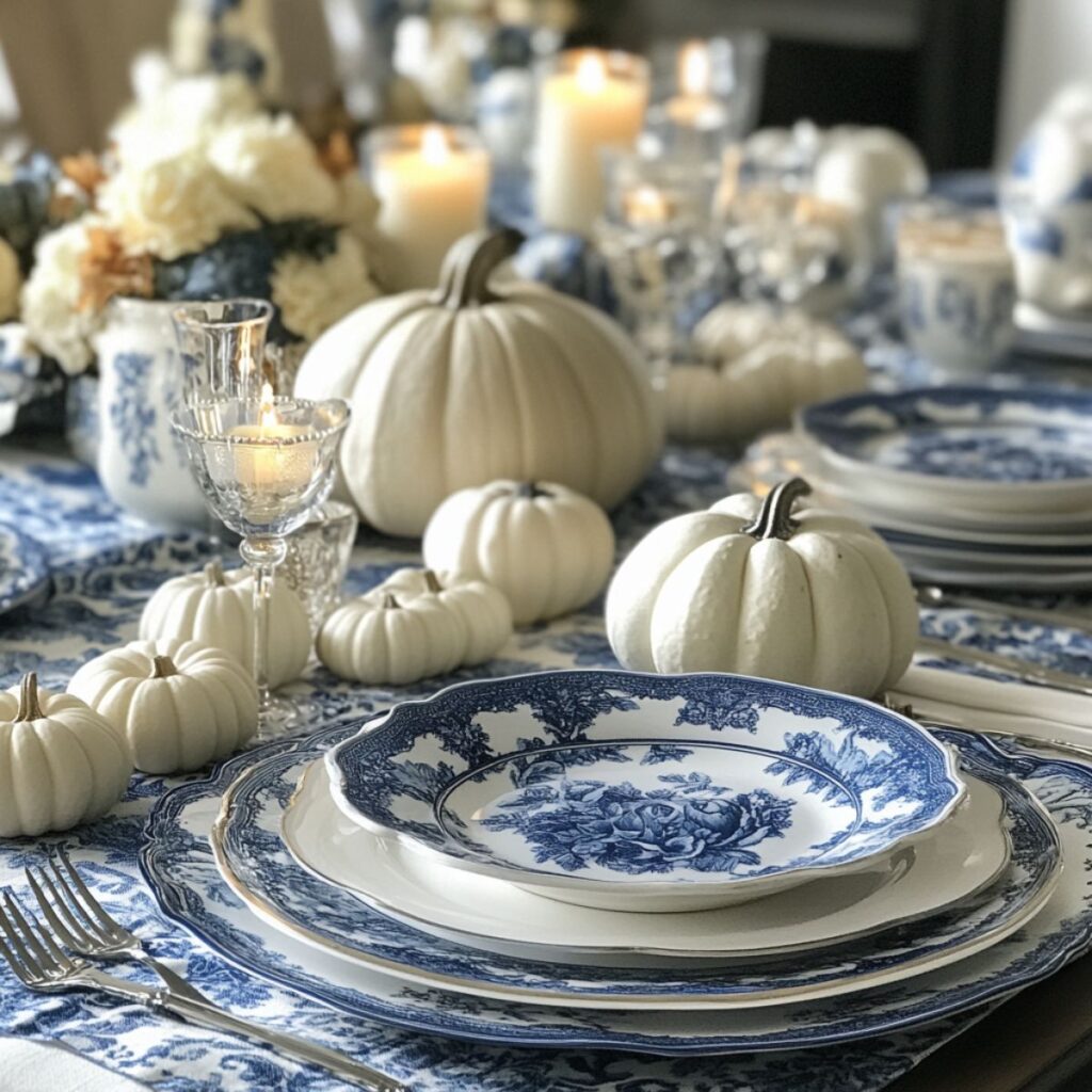 Table set with blue and white plates and white pumpkins. 