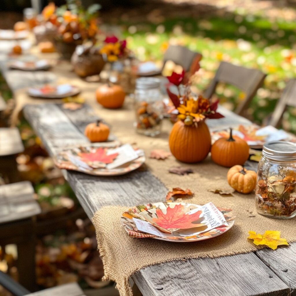 Outdoor wooden table with thanksgiving plates and pumpkin decorations. 