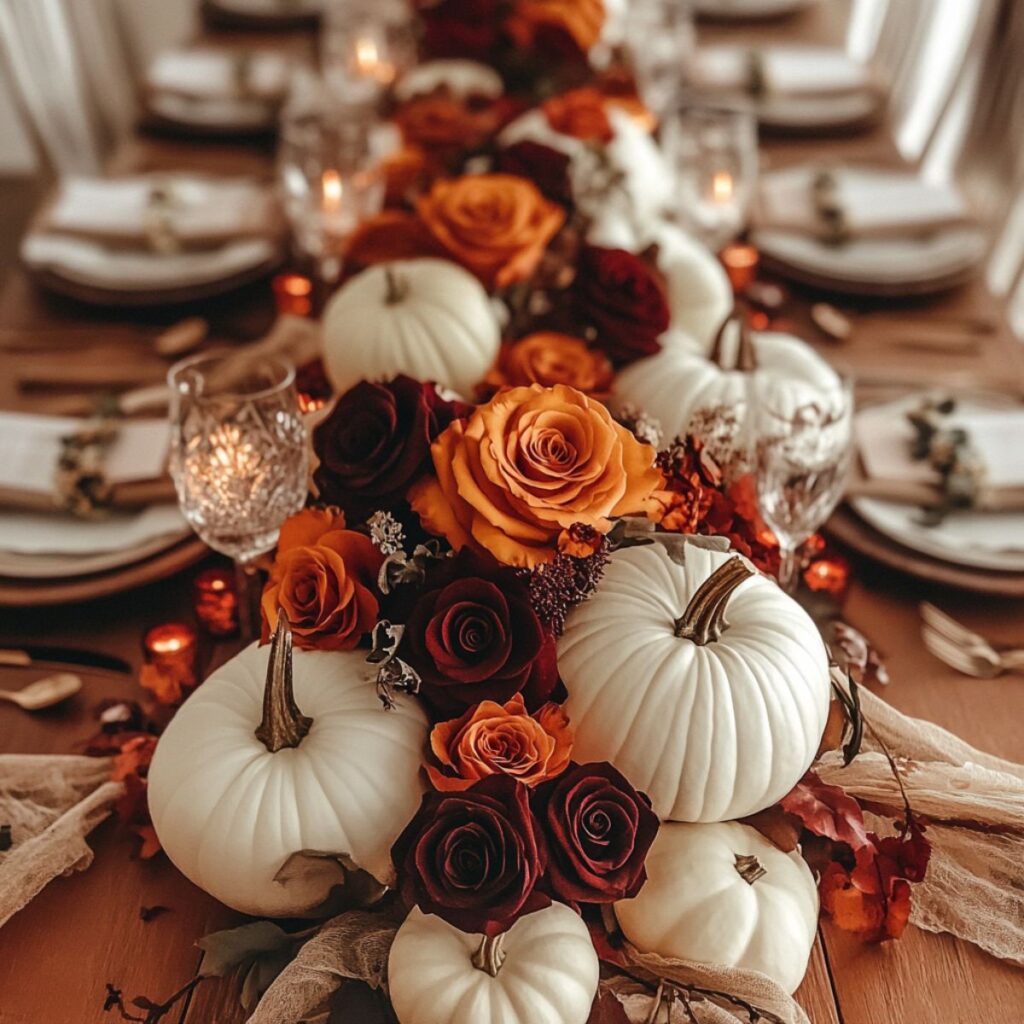 Tablescape with red and orange roses and white pumpkins. 