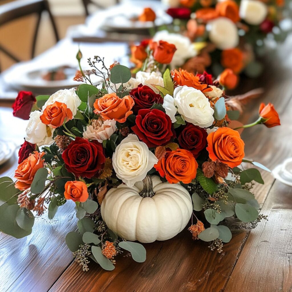 Thanksgiving table with white pumpkins and roses. 