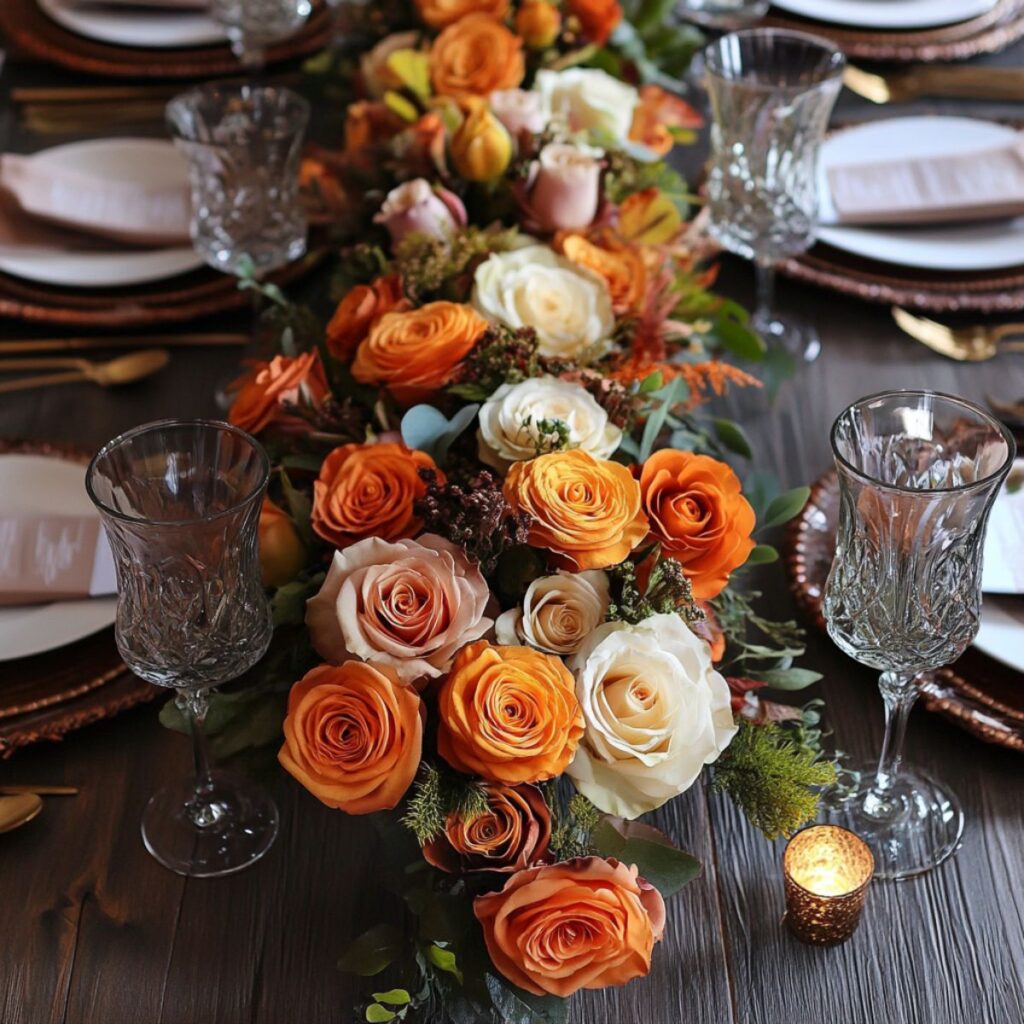 Table with a beautiful fall color rose centerpiece. 