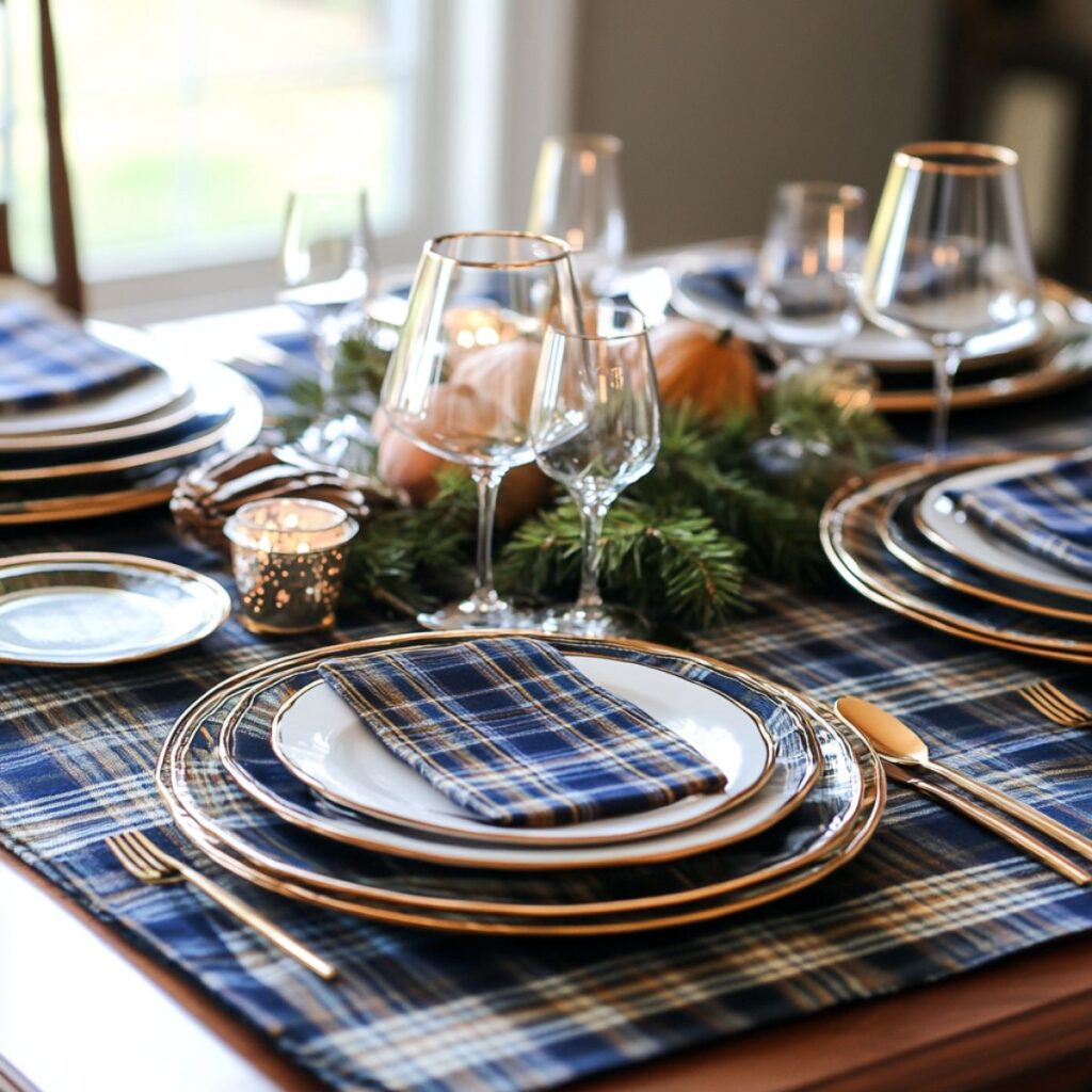 Table with plaid table mats and plates. 