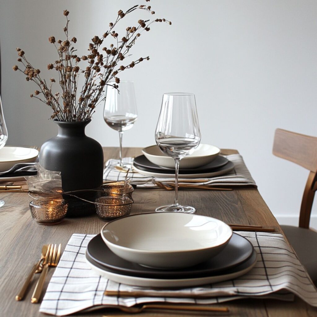 Table set with plates, place mat, and a vase of flowers. 