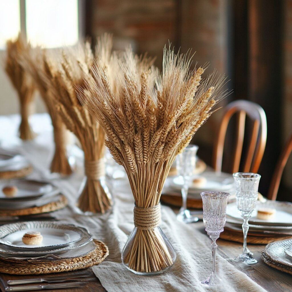 Table with bundles of wheat as the centerpiece. 