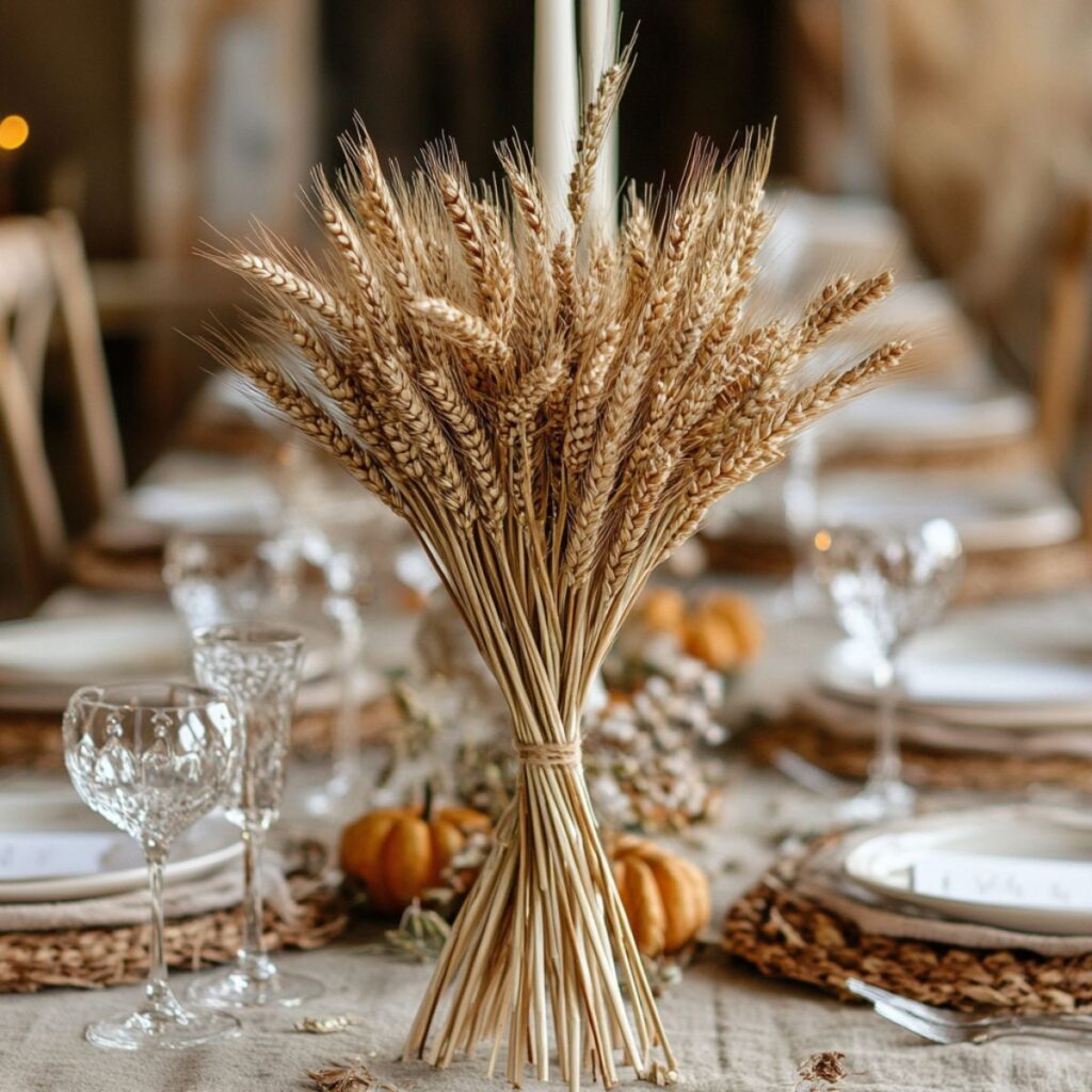 Thanksgiving table with wheat centerpiece. 