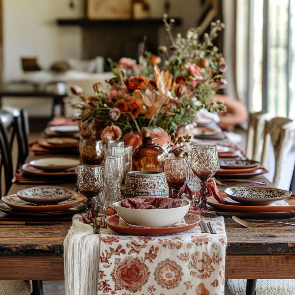 Table set with burgundy flowers, plates, and patterned table runner.