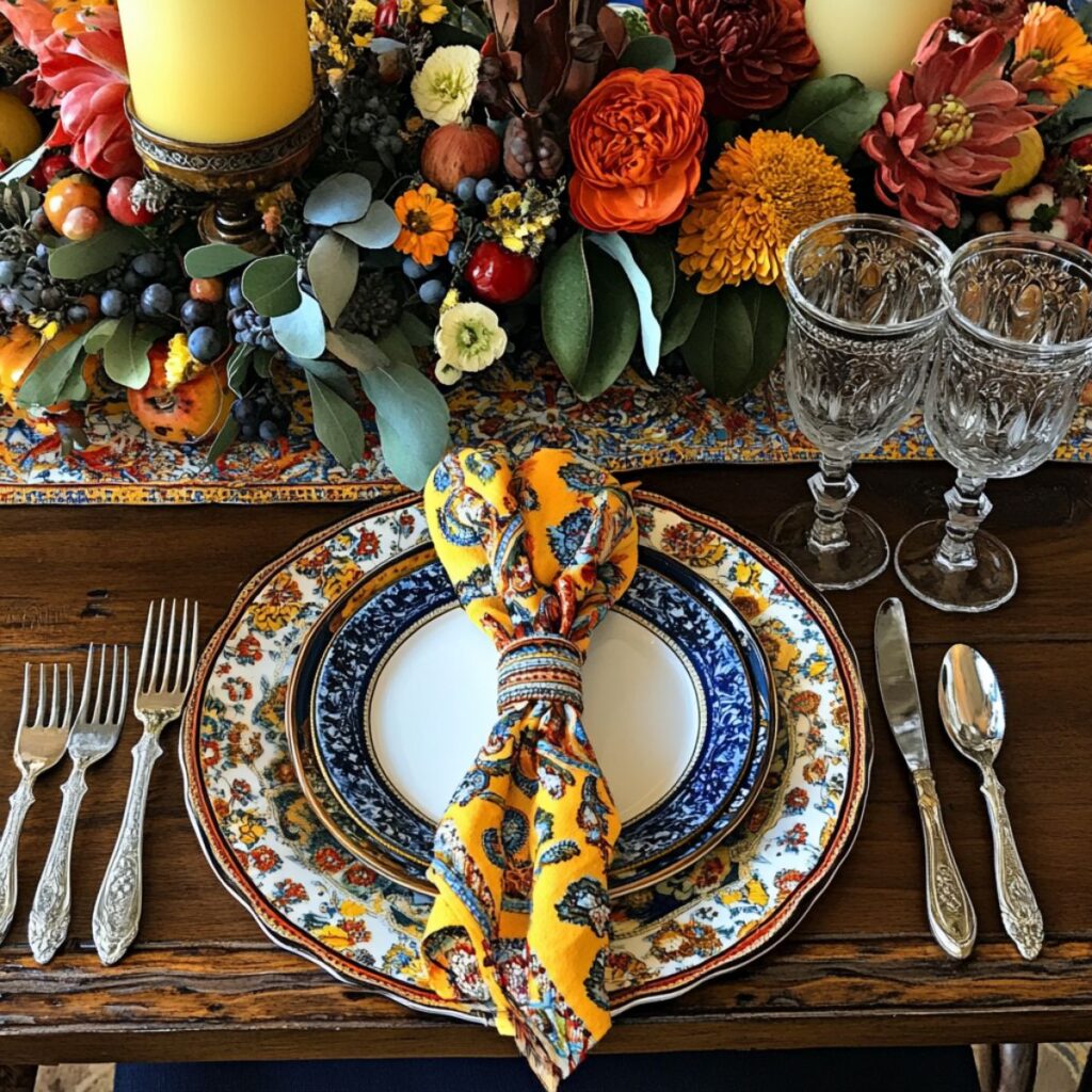 Table set with patterned plates, a yellow napkin, and flowers. 