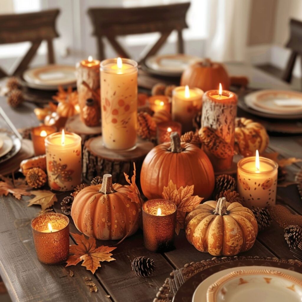 Tablescape with a variety of candles and pumpkins. 