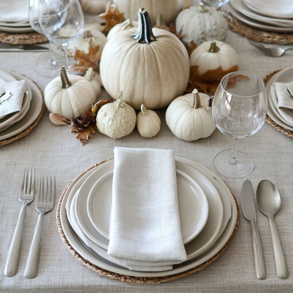 Table set for thanksgiving with white pumpkins, white tablecloth, and white plates.