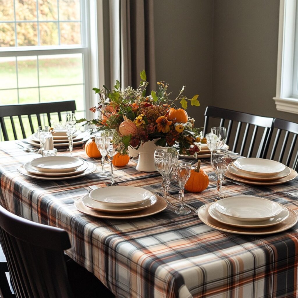 Table with a plaid tablecloth and flower arrangement. 