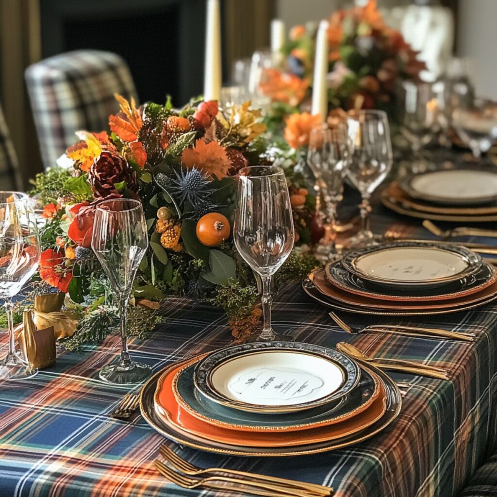 Table set for thanksgiving with a plaid tablecloth and flower arrangements.