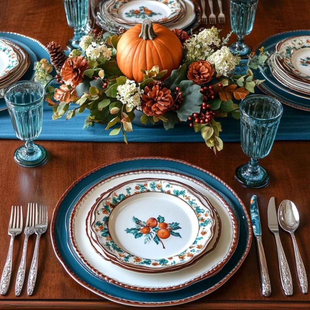 Thanksgiving table setting with teal glasses and a pumpkin centerpiece. 