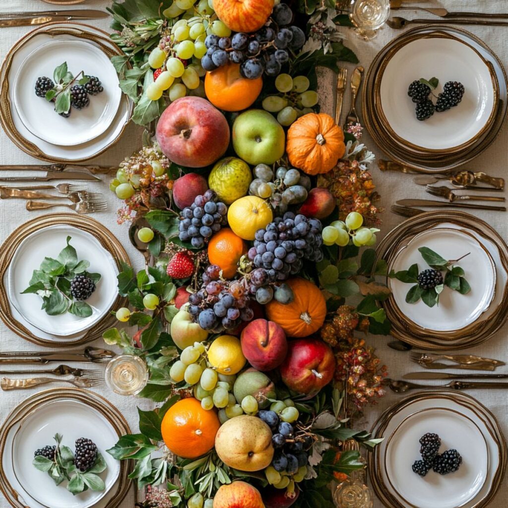 A beautiful table set with plates and a fruit centerpiece.