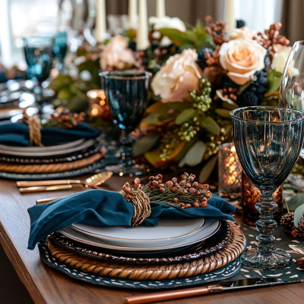 Thanksgiving table set with teal accents. 