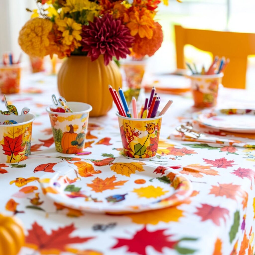 Table with a colorful leaf tablecloth, a cup of crayons, and flowers. 