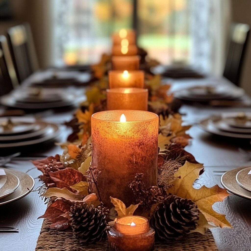 Table with a centerpiece of candles and fall leaves. 