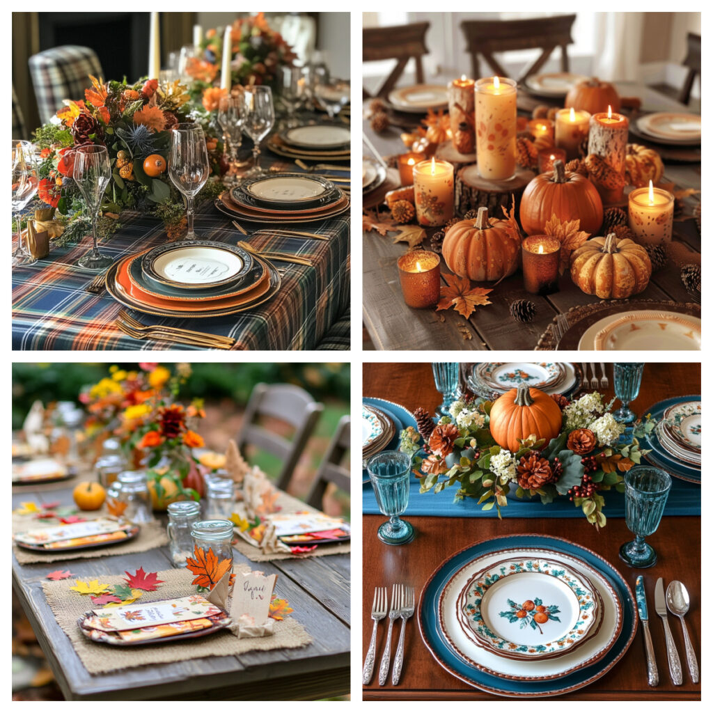 Thanksgiving table settings with plates, candles, and pumpkins. 