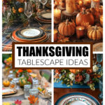 Thanksgiving tablescapes with plates, candles, and pumpkins.