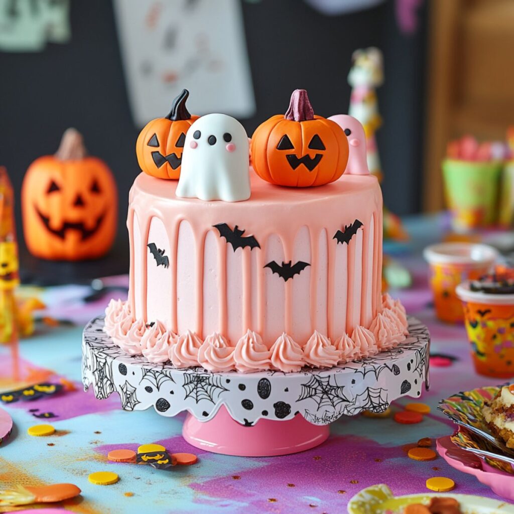 Pink cake topped with ghost and pumpkins.