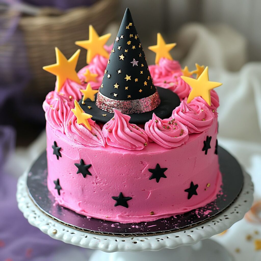 Pink cake topped with witch hat and stars.