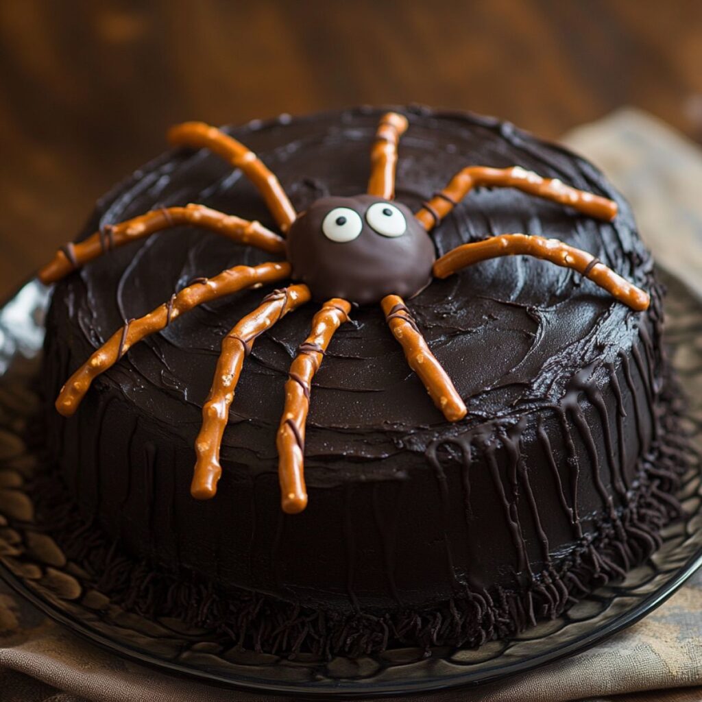 Chocolate cake topped with a candy spider with pretzel legs.