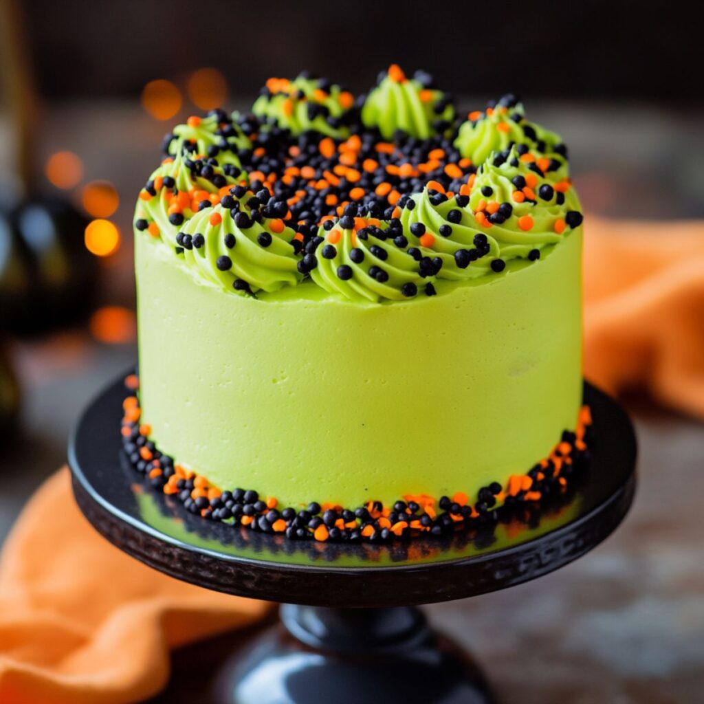 Green cake with black and orange sprinkles. 