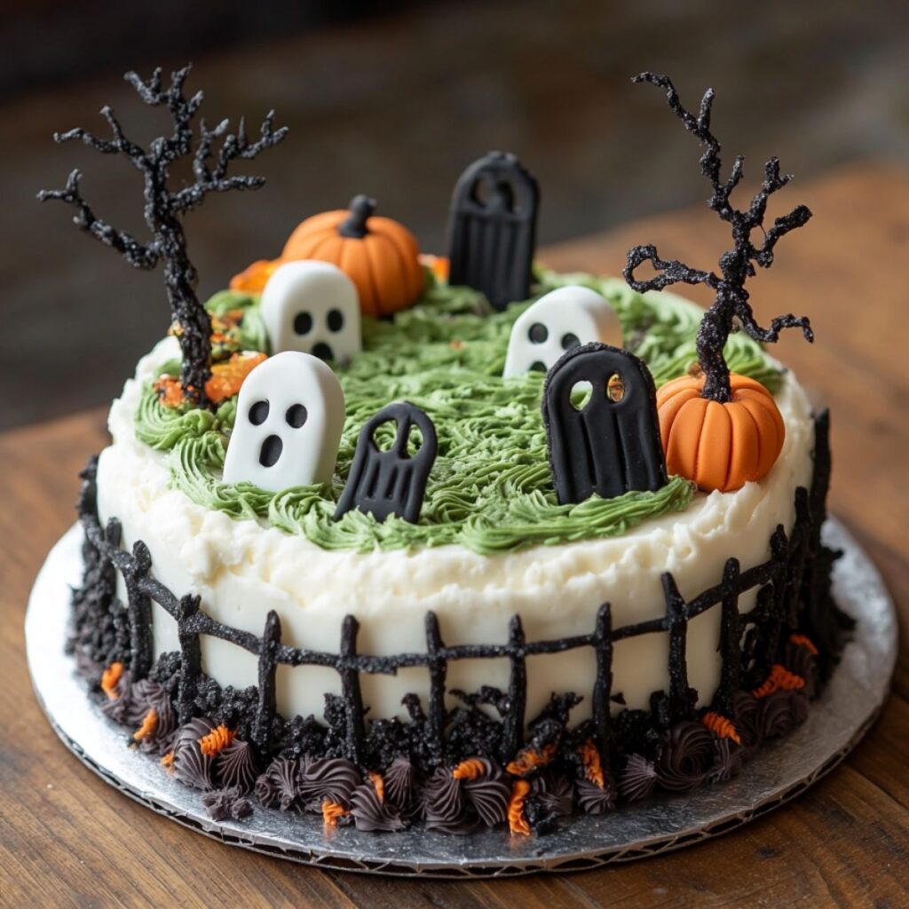 Halloween cake decorated like a graveyard.