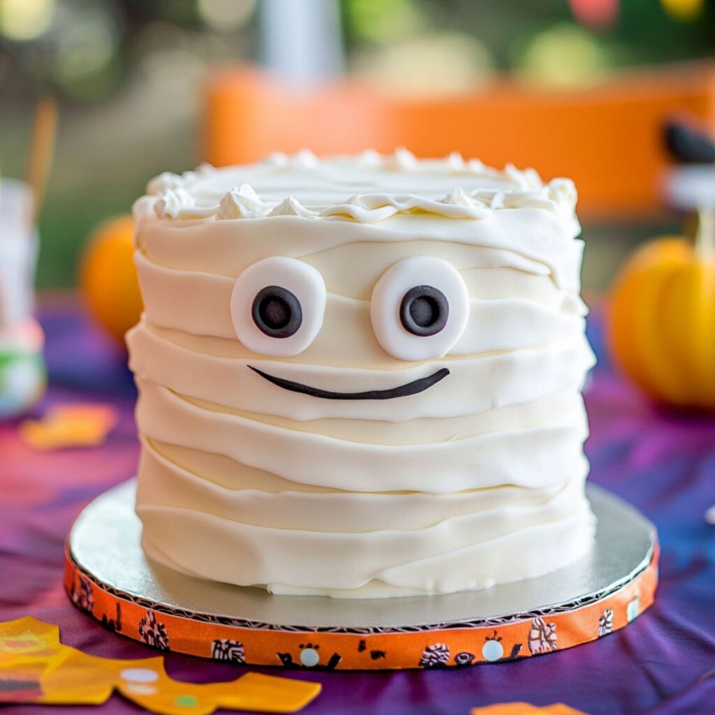 Cake decorated like a mummy for halloween.